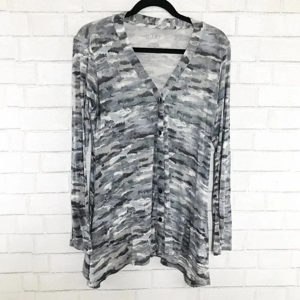 LOGO by Lori Goldstein Gray & White Camo Cardigan